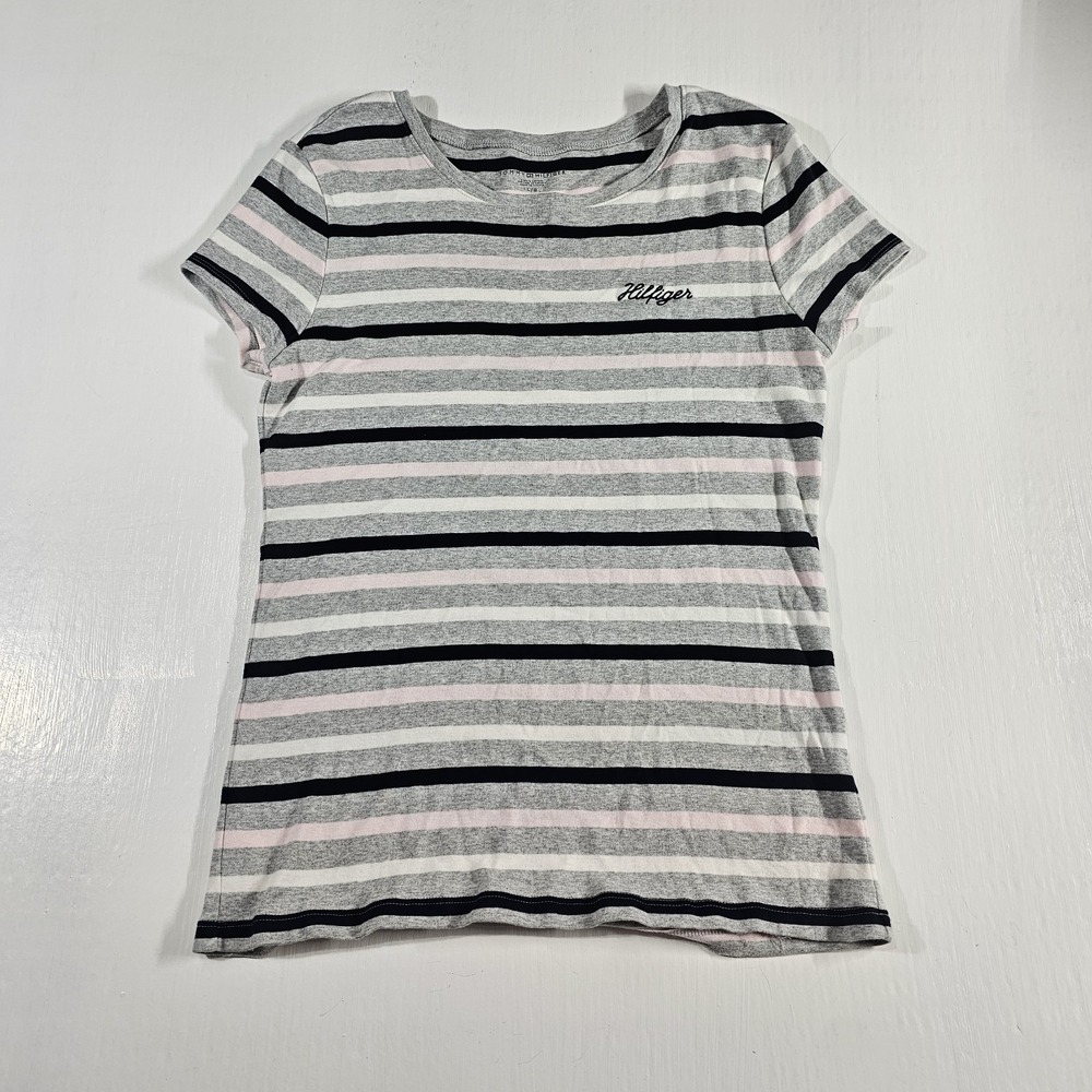 Tommy Hilfiger Womens Shirt Size L Striped Short Sleeve White Pink Black